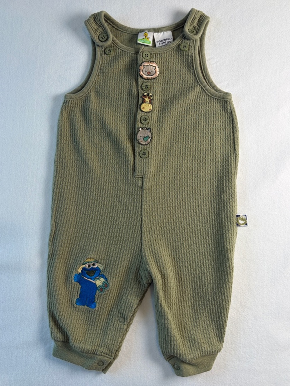 VTG Sesame Street Safari Overalls 6-9 Months Green Embroidered Cookie Monster